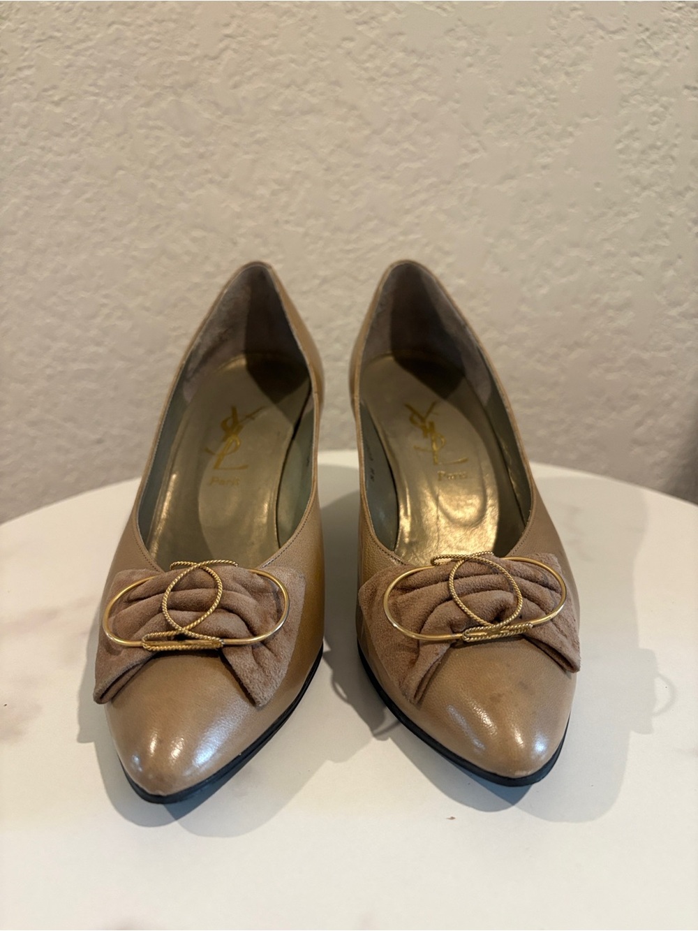Yves Saint Laurent Taupe Leather Pointed-Toe Pumps with Gold Accent